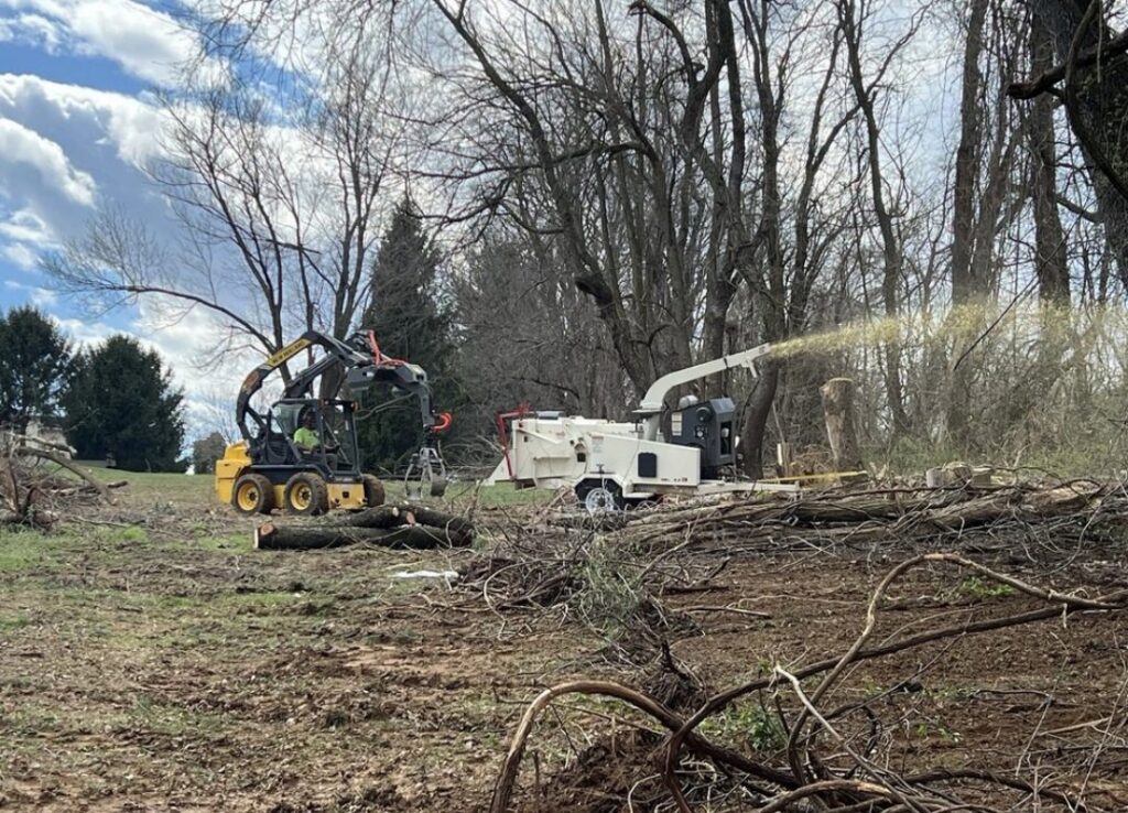 A skid steer loading logs into a wood chipper during a tree service job by EK Tree Service in Lancaster, PA.