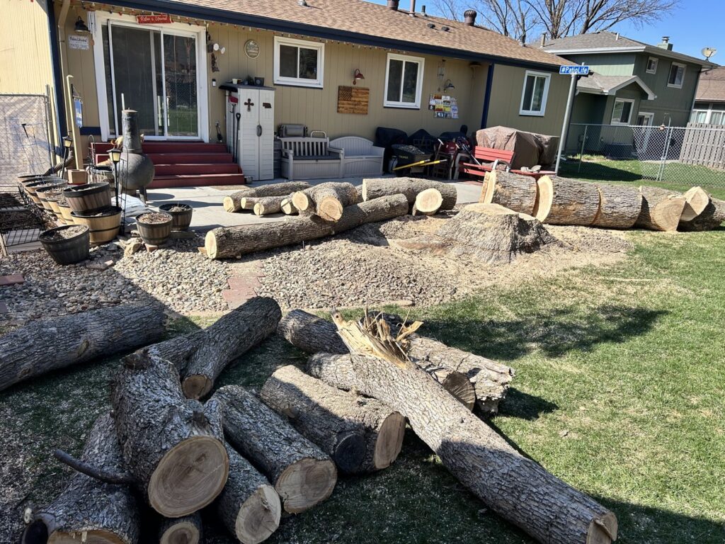 A large pile of wood chips and logs with a tree service truck and chipper in the background from South "O" Tree and Stump in Omaha, NE.