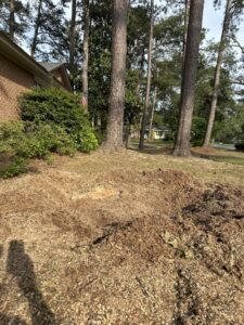 A pile of wood chips and mulch on the ground after stump grinding by De Paz Tree Service in Katy, TX