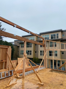 New wood framing for a building addition or construction project by Mode Contracting in Seattle, WA.