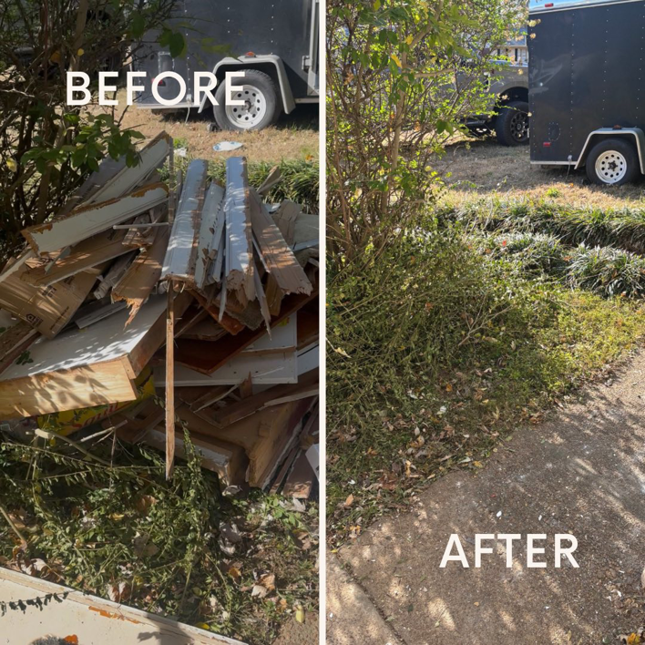 Before and after view of a large pile of wood scraps and debris removed from a yard by WasteAway Junk Removal in Memphis, TN