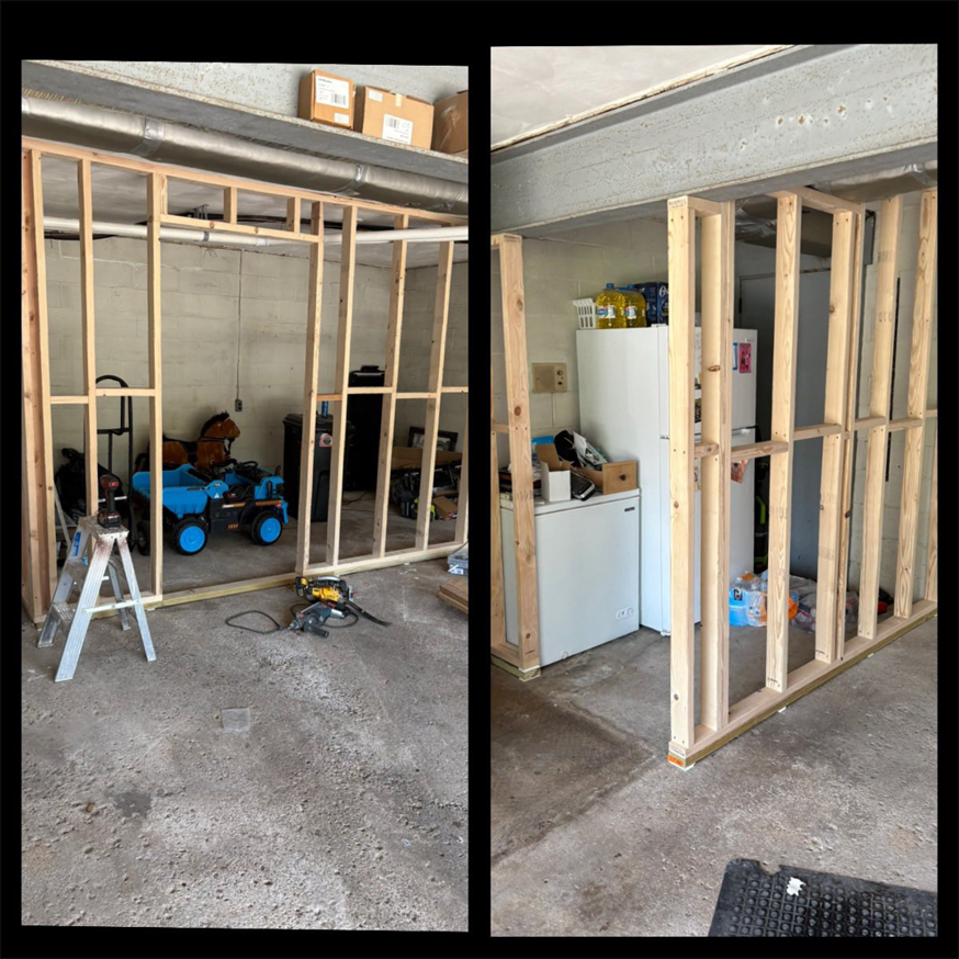 Wood stud framing for a basement renovation by Legacy Full Service Contracting LLC in Brackenridge, PA.