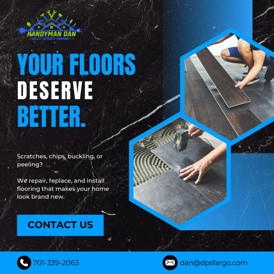 A handyman installing wood and tile flooring, showcasing services by Handyman Dan in West Fargo, ND.