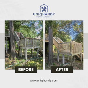 Before and after of a wooden deck cleaning and restoration service by UniqHandy in Little Rock, AR.