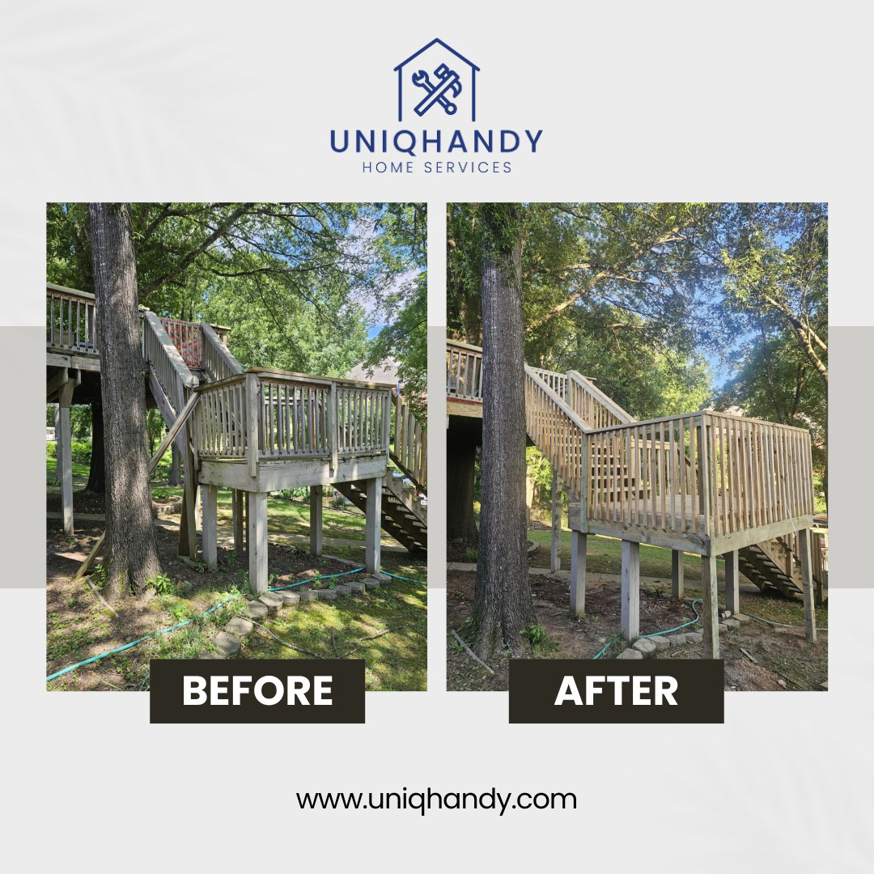 Before and after of a wooden deck cleaning and restoration service by UniqHandy in Little Rock, AR.
