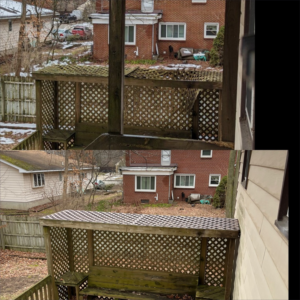 Before and after of a wooden deck and lattice repair by Anderson Barlow Contractors LLC in Grand Rapids, MI.