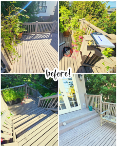 Before photos of a worn wooden deck in need of repair and renovation, a handyman service offered by Alpha Railing Company in Tacoma, WA.