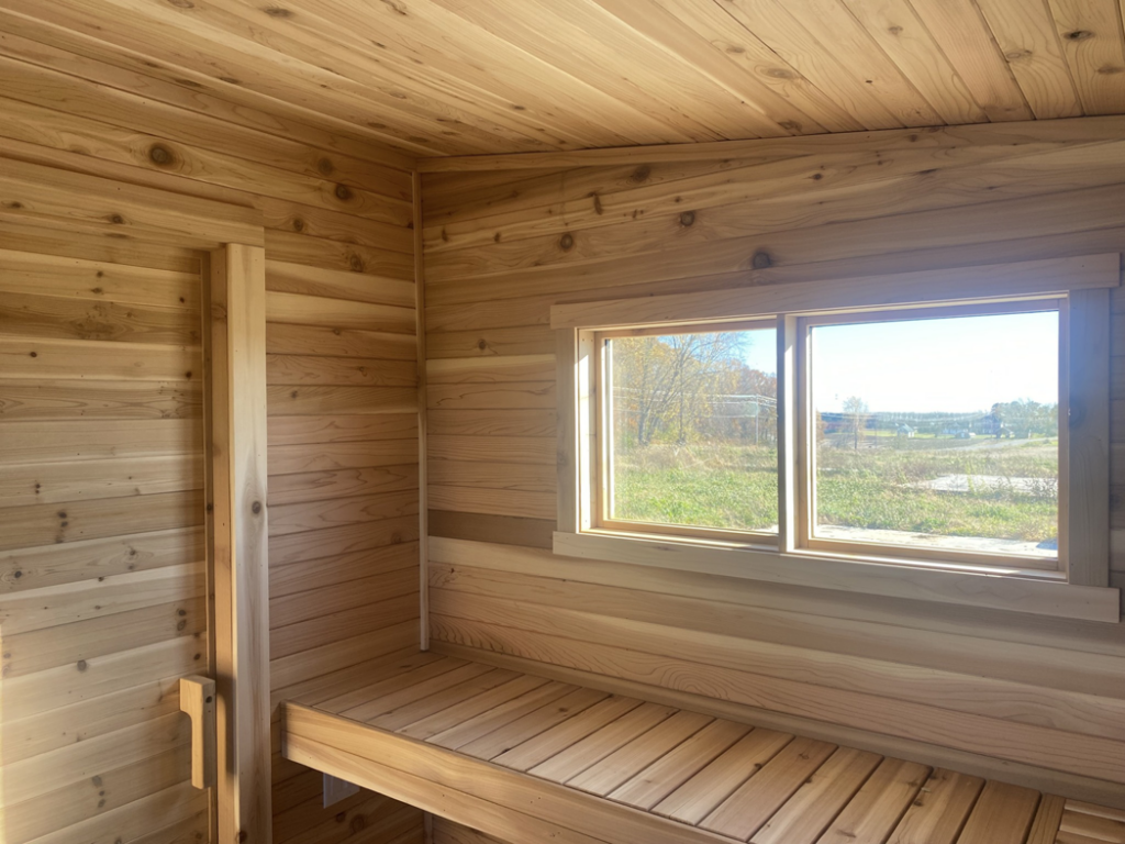 Interior view of a wooden sauna showing a large window and a sturdy wooden bench by No Boundaries Tiny Homes in Eau Claire, WI