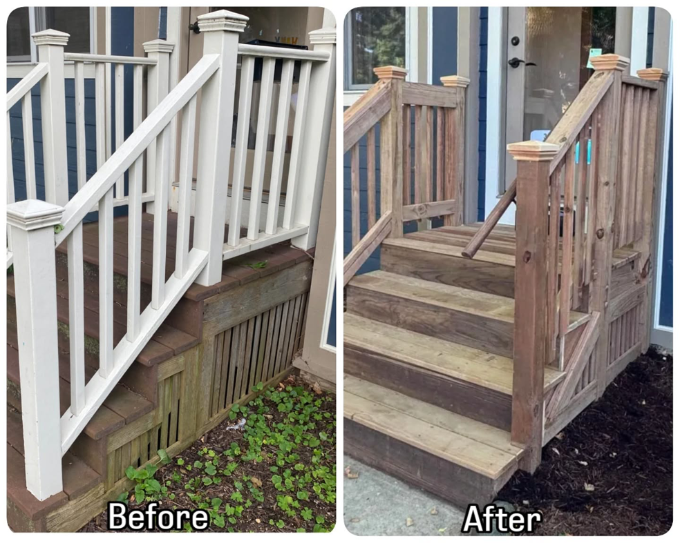 Before and after of wooden stair and deck refinishing by Ace of Space alternative carpentry in Madison, WI