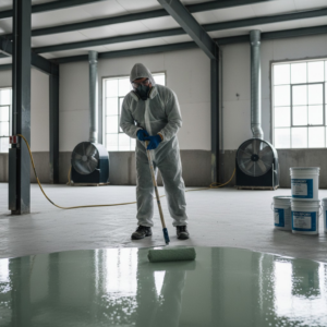 A worker in protective gear applying a fresh concrete coating with a roller for Formula Concrete Coating in Tucson, AZ.