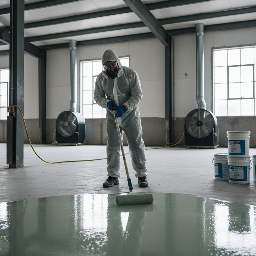 A worker in protective gear applying a fresh concrete coating with a roller for Formula Concrete Coating in Tucson, AZ.
