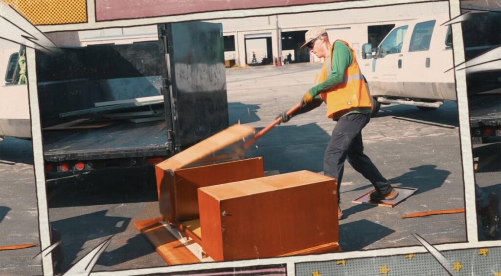 A Grawe Junk & Demo worker breaking down wooden furniture next to a dump truck during a junk removal job in Arlington, TX.
