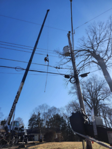 A worker suspended from a crane near power lines performing tree service by Kenny Jenkins Tree Service & Landscaping, LLC in Rapidan, VA.