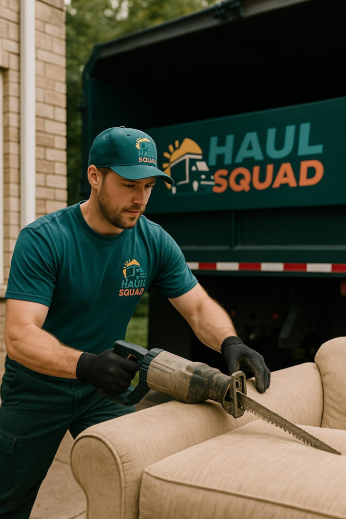 A Haul Squad team member cutting a large couch for efficient junk removal in Allentown, PA.
