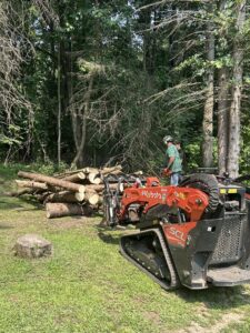 A tree service worker cutting logs with a chainsaw for Father and Son Tree Service in Lansing, MI.