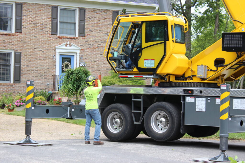 A tree service worker directing a large crane during a tree removal operation by Bayview Tree Service in Poquoson, VA.