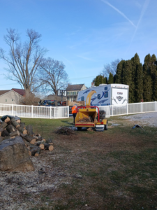 A worker feeding tree branches into a wood chipper at a job site for RJ Robinson Family Tree Service LLC in York, PA