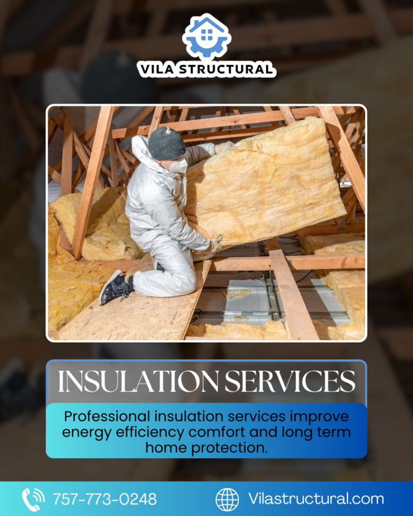 A worker in protective gear installing batt insulation in an attic or crawl space for Vila Structural in Virginia Beach, VA.