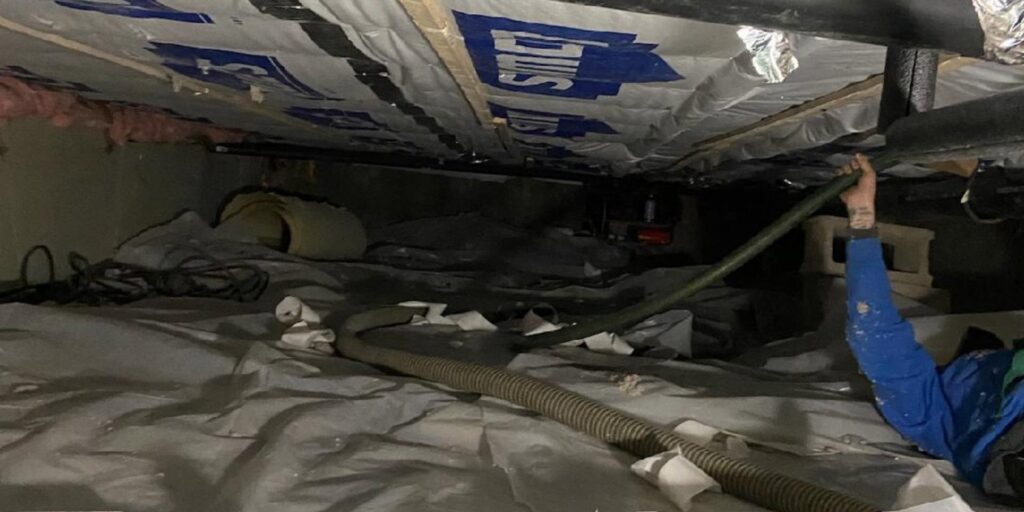 A worker installing insulation in a crawl space for Mincin Insulation Service Inc. in Pittsburgh, PA