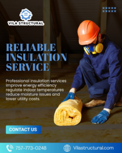 A worker in protective gear installing insulation in an attic or crawl space for Vila Structural in Virginia Beach, VA.