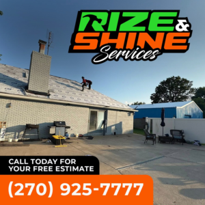 A worker installing roofing materials on a residential house by Rize and Shine Services in Owensboro, KY
