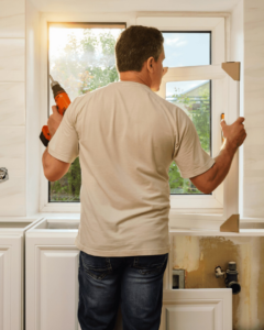 A worker installing a new window frame during a kitchen renovation project by Yehovah Builders in Tampa, FL.
