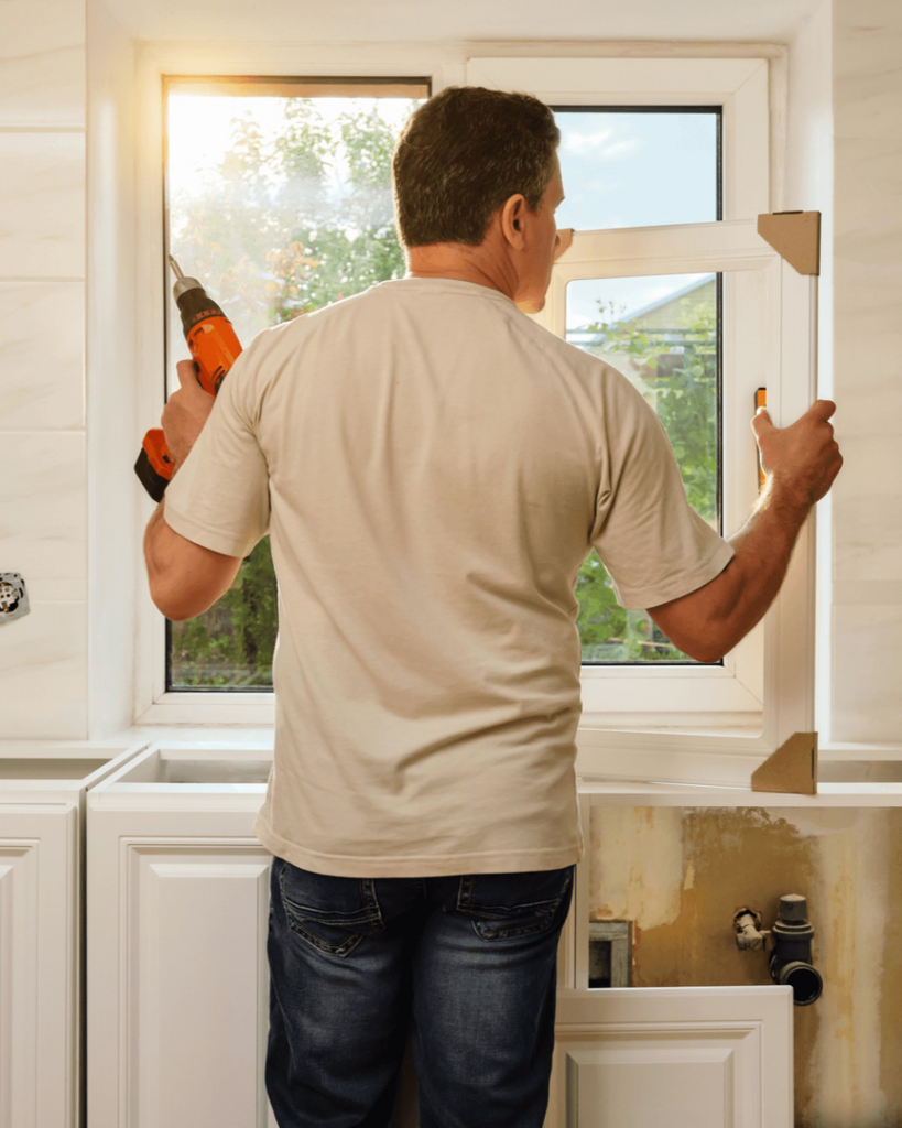 A worker installing a new window frame during a kitchen renovation project by Yehovah Builders in Tampa, FL.