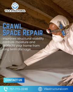 A worker in protective gear laying a white vapor barrier during crawl space repair by Vila Structural in Virginia Beach, VA.