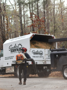 Worker with leaf blower, wood chipper, and branded truck full of wood chips by Southern Grind Stump & Tree Removal, Augusta, GA.