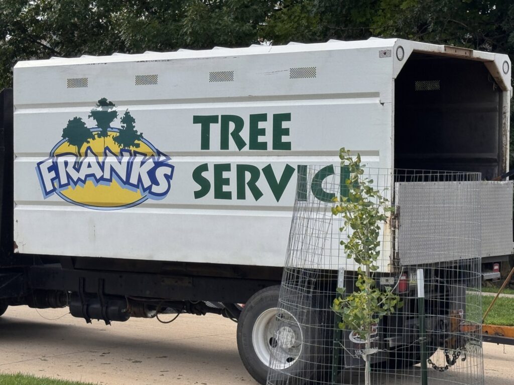 A Frank's Tree Service worker operating a skid steer to move a large log in Davenport, IA.