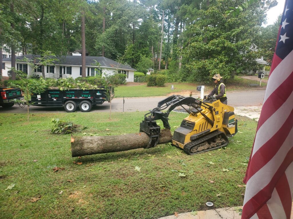 A worker operating a mini skid steer to move a large log, with a Schnell Tree Services LLC trailer in the background, in Fayetteville, NC.