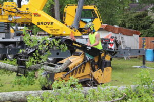 A tree service worker operating a Vermeer mini-skid steer with a grapple attachment, moving tree branches for Bayview Tree Service in Poquoson, VA.