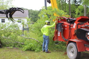 A tree service worker in safety gear operating a wood chipper with branches on the ground for Bayview Tree Service in Poquoson, VA.