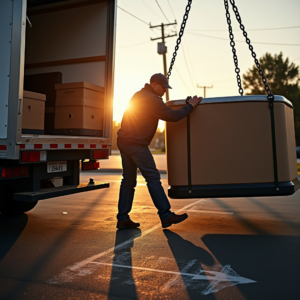 A Junk 2 Day worker assisting with the removal of a large hot tub using a crane in Roswell, GA.
