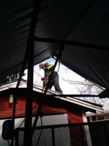 A tree service worker removing cut tree debris from a residential roof for Suarez Tree Service in San Antonio, TX.