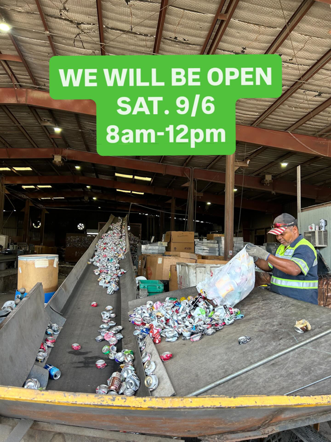 A worker sorting aluminum cans on a conveyor belt at Great Northwest Recycling in San Antonio, TX