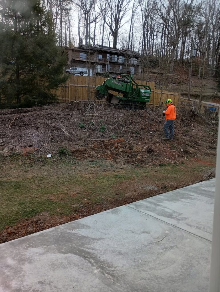 A tree service worker operating a stump grinder on a pile of wood debris for Lumberjacks Tree Service in Chattanooga, TN.