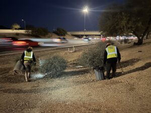 Skunky's Junk Removal workers cleaning roadside debris at night in Tempe, AZ.