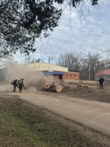 Workers clearing tree debris with leaf blowers after a tree service job by Risk Tree Service in Kenner, LA.