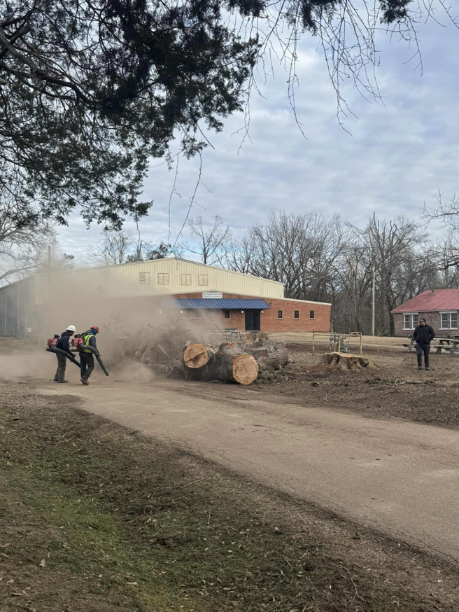 Workers clearing tree debris with leaf blowers after a tree service job by Risk Tree Service in Kenner, LA.