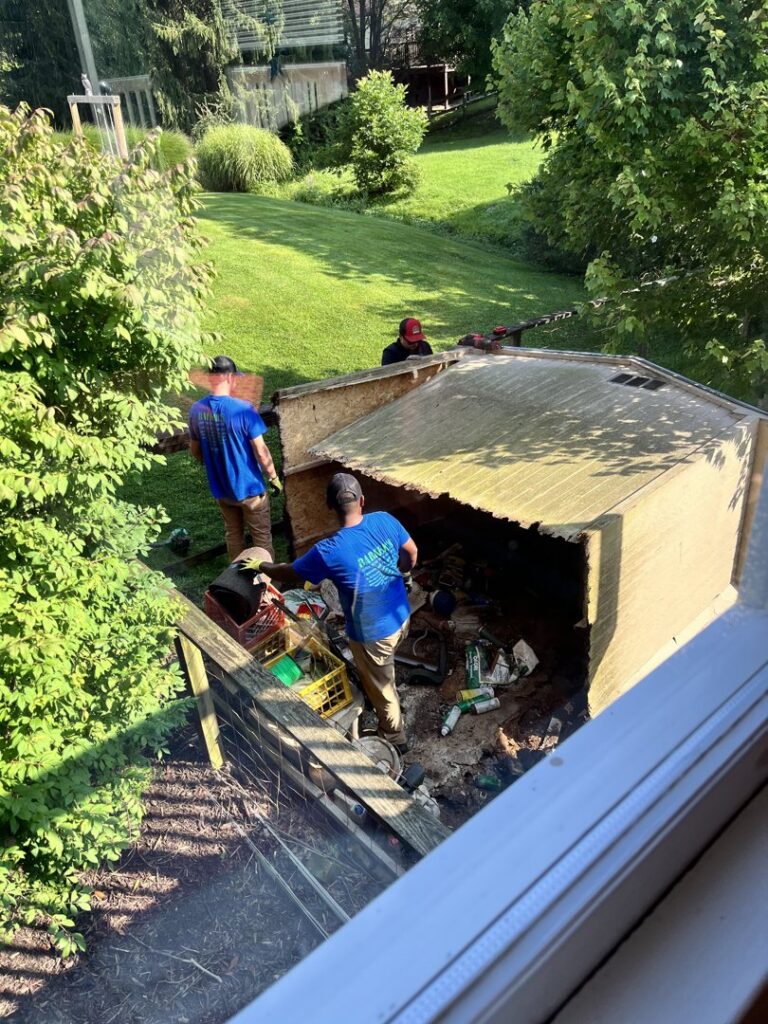 Two workers from Barkers Junk Removal & Hauling LLC clearing junk from a partially demolished shed in Roanoke, VA.