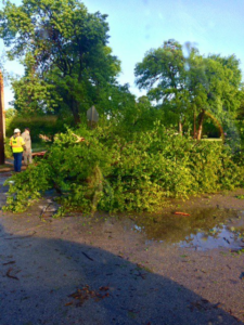 Workers clearing tree debris from a residential street after storm damage for Personal Touch Tree Service in Dallas, TX.
