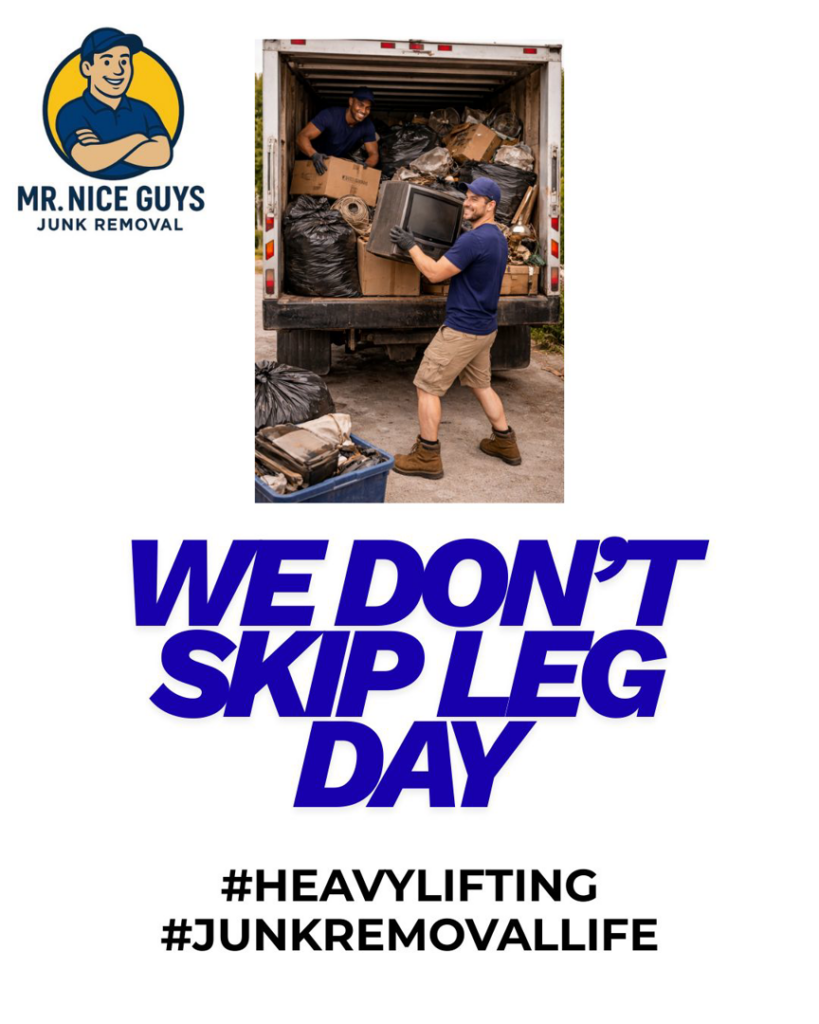 Two Mr. Nice Guys Junk Removal workers loading an old TV and other junk into a truck in Fitchburg, WI