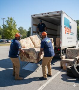 GoGo Junk Removal workers loading a sofa onto a ramp into a junk removal truck in Atlanta, GA.