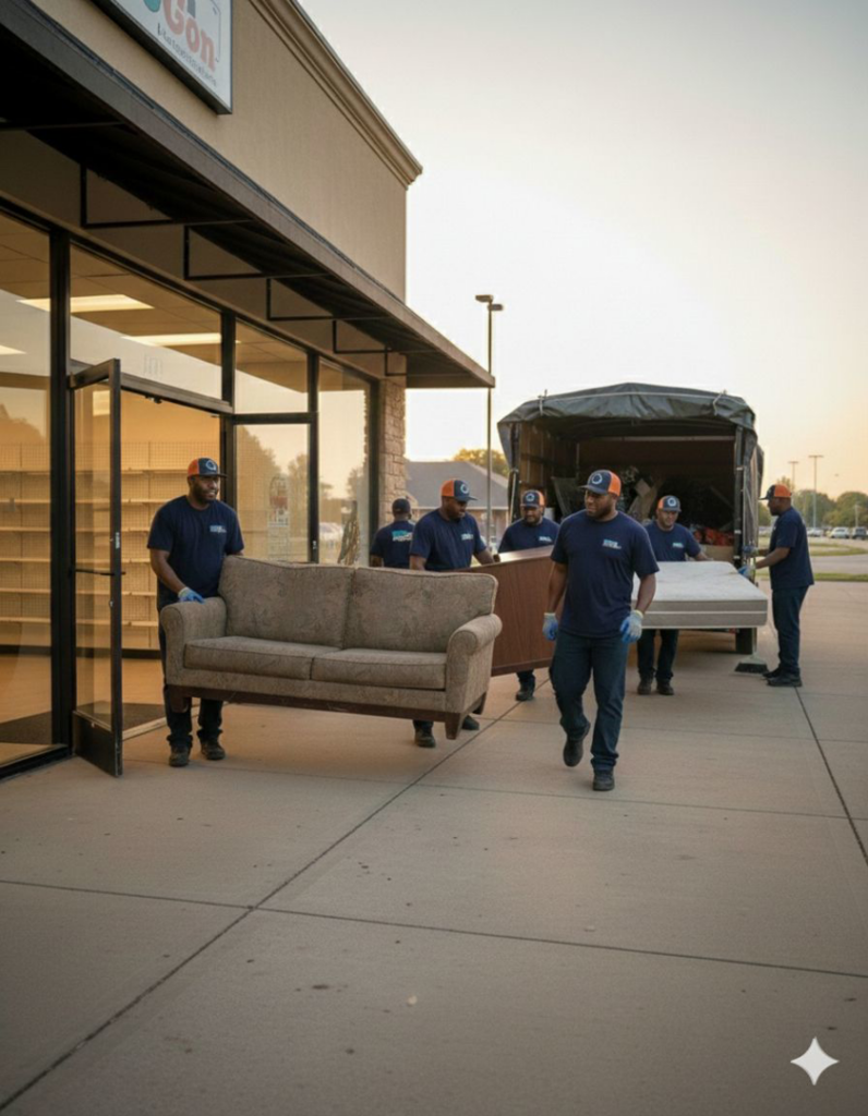 GoGo Junk Removal workers moving a sofa and mattress into a truck for removal in Atlanta, GA.
