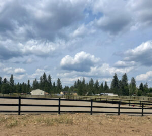 Two workers using a mini excavator to move large stones during a landscaping project by Aspen Excavation in Spokane, WA.