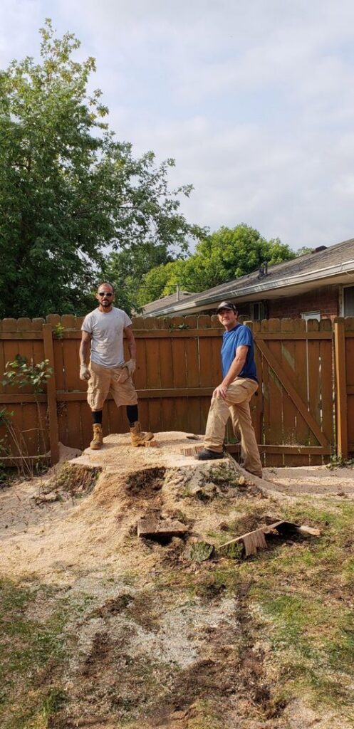 Two workers standing on a large tree stump with sawdust, indicating stump grinding or removal by Clyde's Tree Service in Indianapolis, IN.
