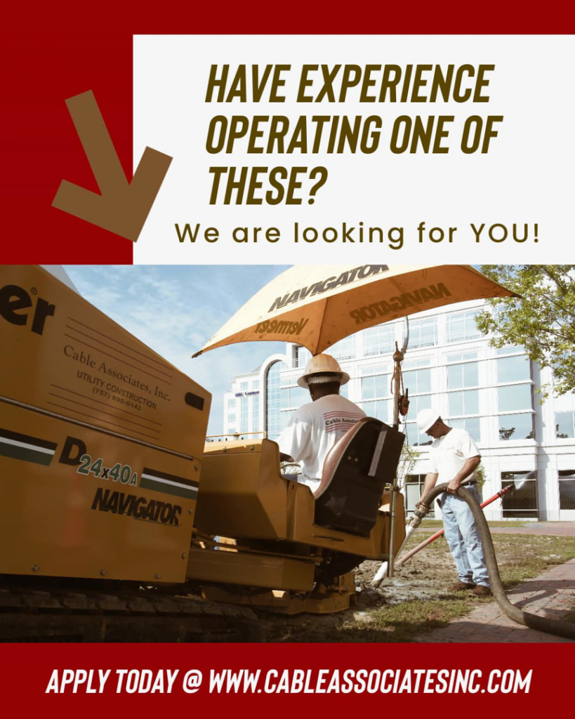 Two workers operating a directional drill for utility construction at Cable Associates, Inc. in Yorktown, VA.