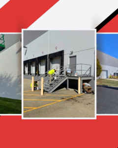 Workers painting metal stairs and ground markings outside a commercial building by Alpine Painting and Sandblasting Contractors in Paterson, NJ.