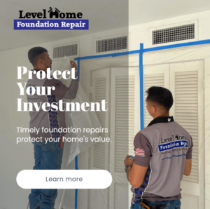 Level Home Foundation Repair workers protecting a home's interior with plastic sheeting in Tulsa, OK.